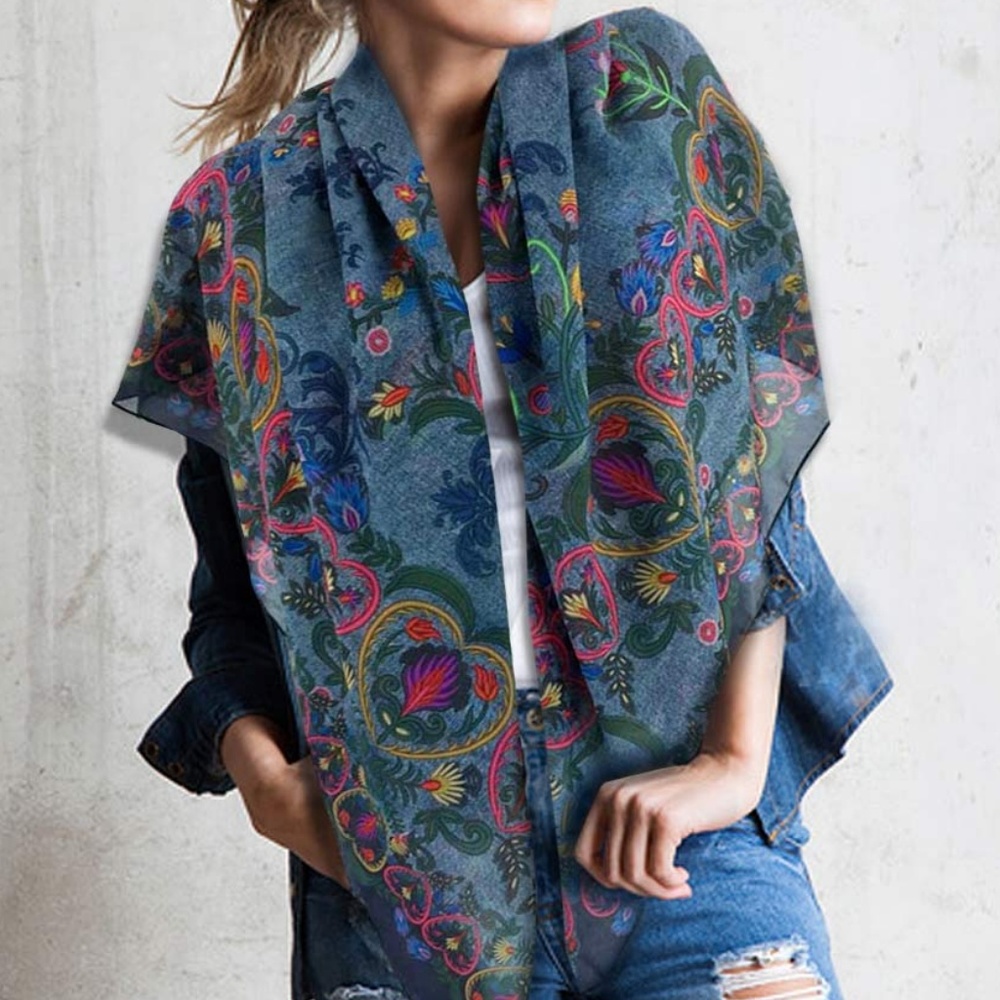 Floral Hippie Shawl. Printed Denim Swedish Folk Chiffon Scarf